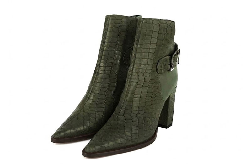 Women's forest green back-buckle ankle boots with pointed toe and high block heel - Front view
